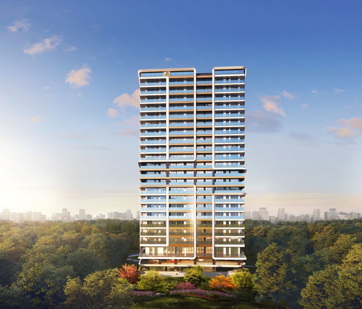 High-rise residential development surrounded by forest